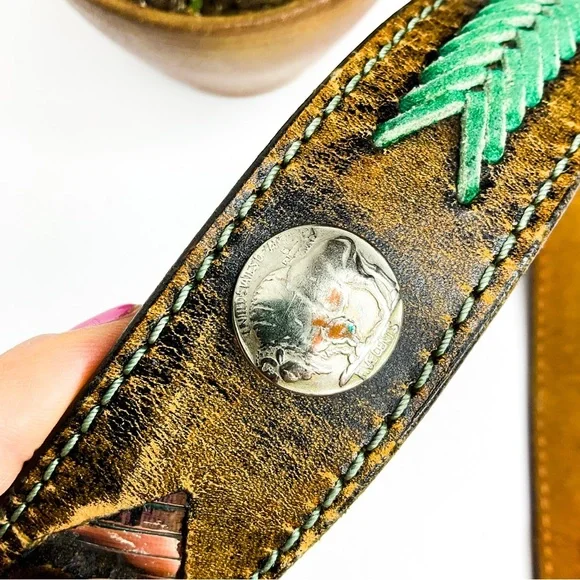 Vintage Richard Leather Belt Cutout Western Buffalo Brown Black - Picture 2 of 9